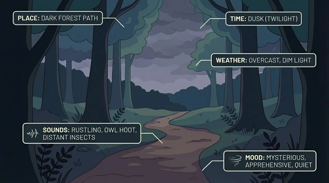 Story setting scene of a dark forest path at dusk with labels for place, time, weather, sounds, and mood