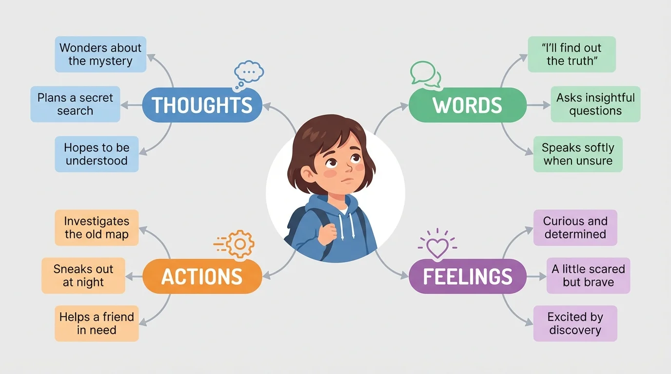 Character web showing a child in a story with branches labeled thoughts, words, actions, and feelings, each with short example notes