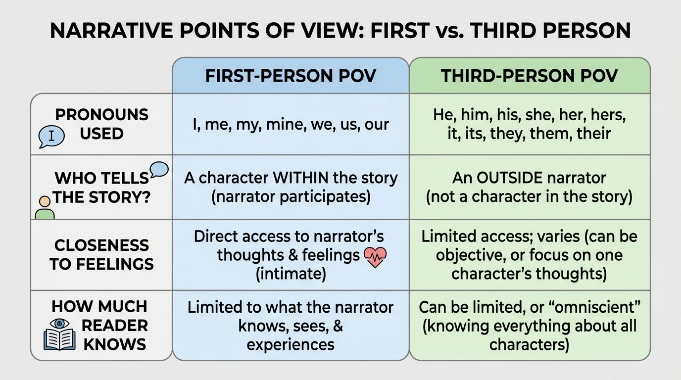 Simple comparison chart with columns labeled first person and third person, and rows for pronouns, who tells the story, closeness to feelings, and how much the reader knows