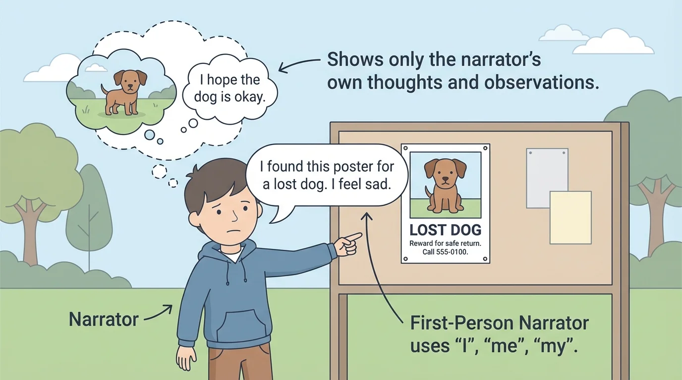 Child narrator pointing at a lost dog poster and speaking in first person, with labels like "I" and a thought bubble showing only the narrator's own thoughts and observations
