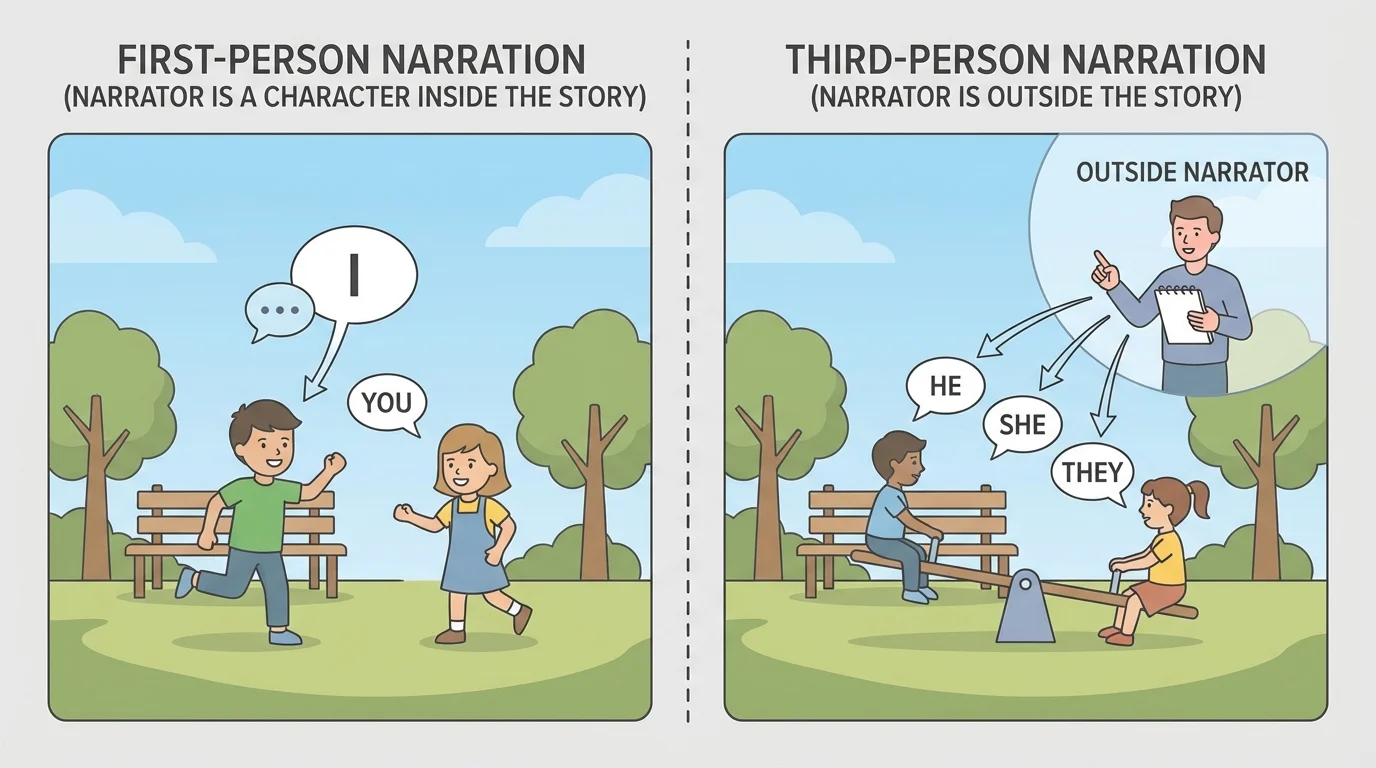 Two children in a park with an outside narrator label using "he," "she," and "they," showing the narrator stands outside the scene