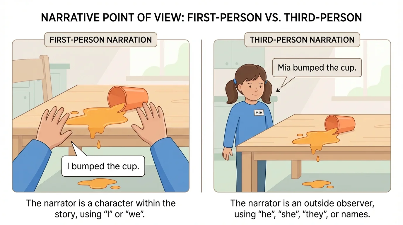 A spilled juice scene shown twice side by side, one with a child saying "I bumped the cup" and one with outside narration labeling the child as "Mia"