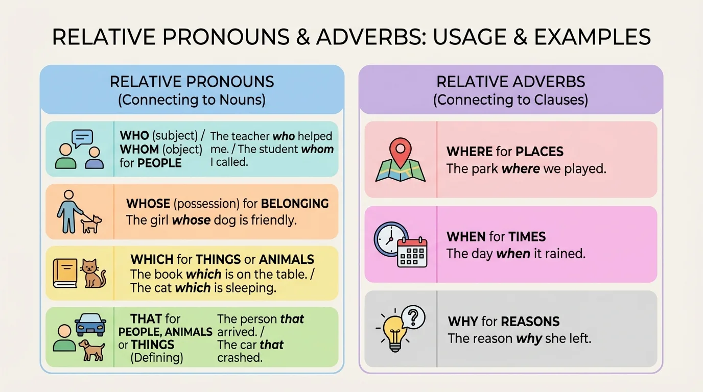 chart showing who and whom for people, whose for belonging, which for things or animals, that for people animals or things in many sentences, where for places, when for times, and why for reasons