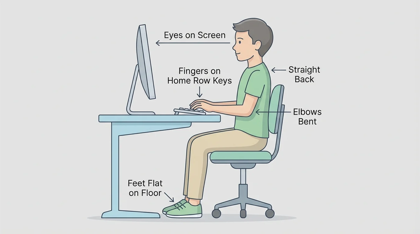 Diagram of a student seated at a computer with straight back, feet flat on the floor, eyes on the screen, elbows bent, and fingers placed on home row keys