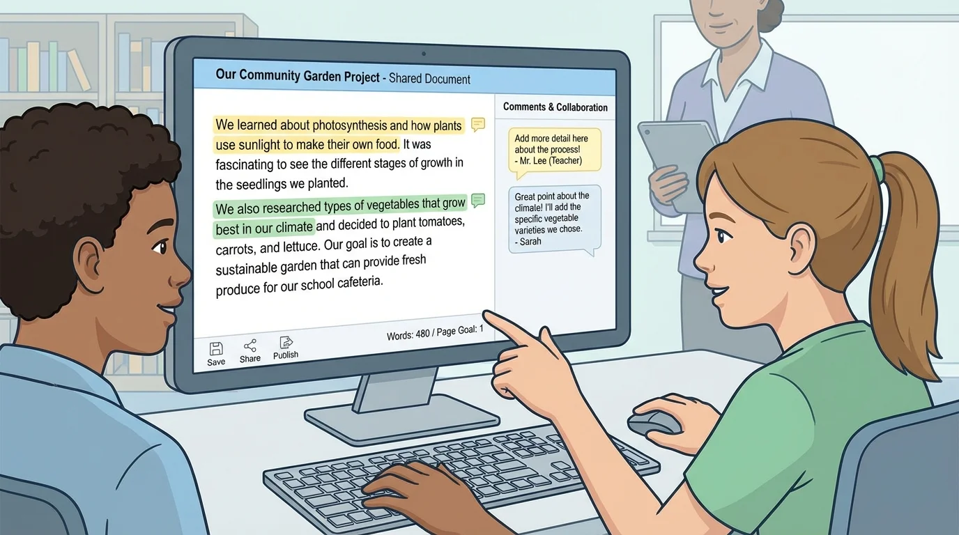 Illustration of a shared writing document on a computer screen with highlighted sentences, comment bubbles, and two students collaborating side by side