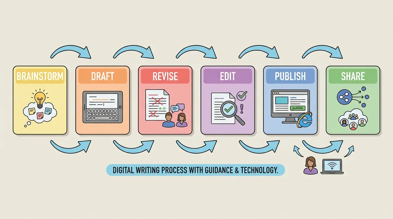 Flowchart showing the digital writing process with boxes labeled brainstorm, draft, revise, edit, publish, and share connected by arrows