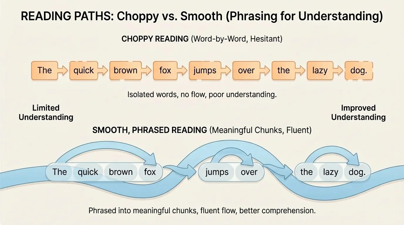 Two short reading paths, one choppy and one smooth, with arrows showing how phrasing groups words into meaningful chunks