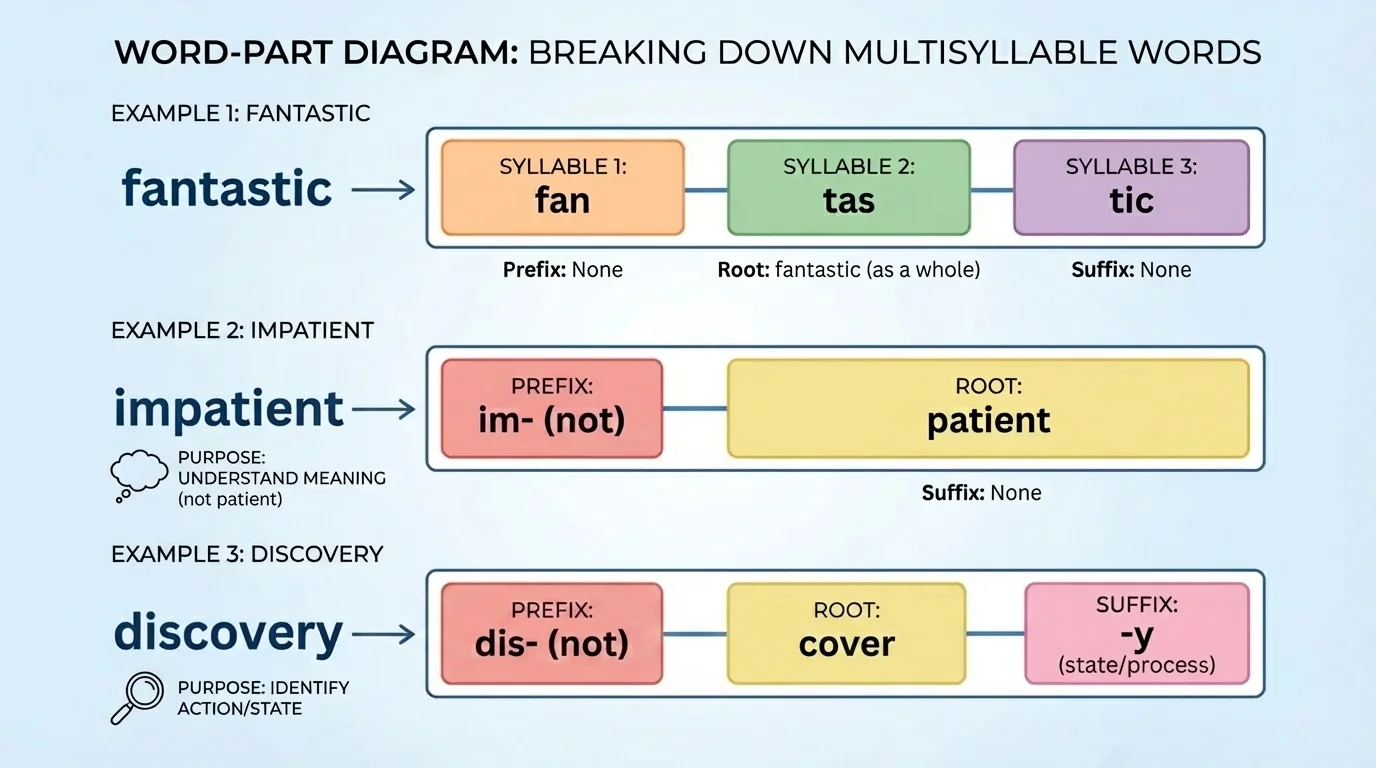 Word-part diagram splitting multisyllable words such as fantastic, impatient, and discovery into syllables, prefixes, roots, and suffixes