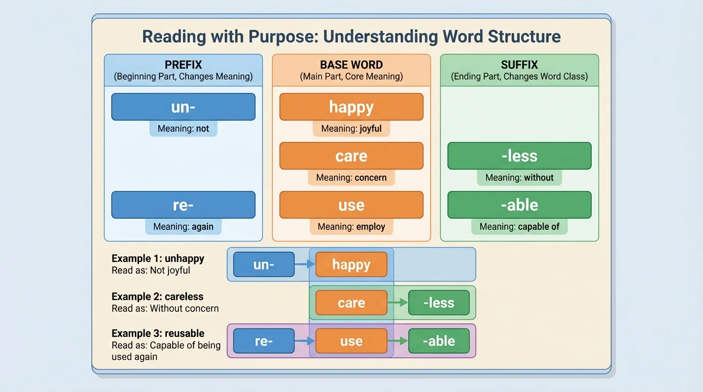 Morphology chart showing words like unhappy, careless, and reusable broken into prefix, base, and suffix with short meaning labels