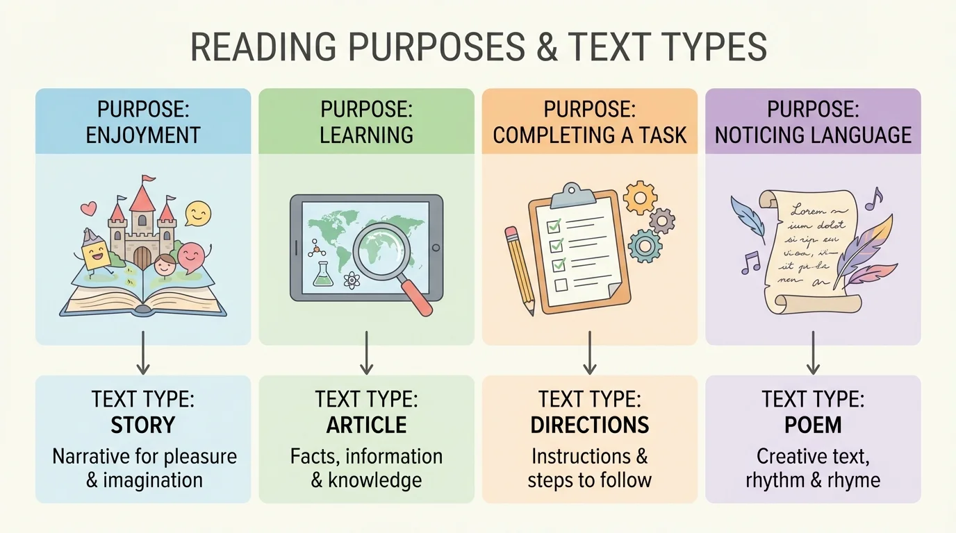 Four-panel chart connecting purpose to text type: story for enjoyment, article for learning, directions for completing a task, poem for noticing language