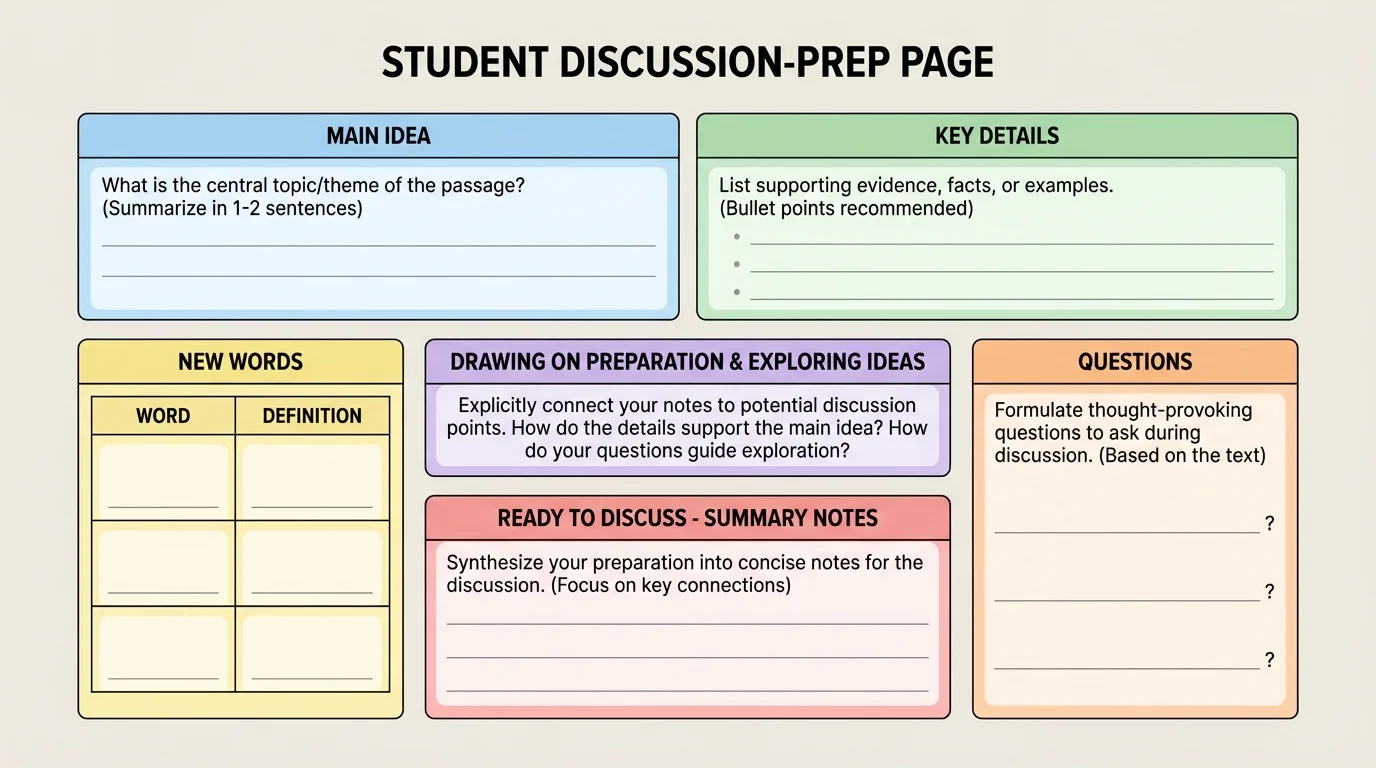 Student discussion-prep page with boxes for main idea, key details, new words, and questions from a reading passage