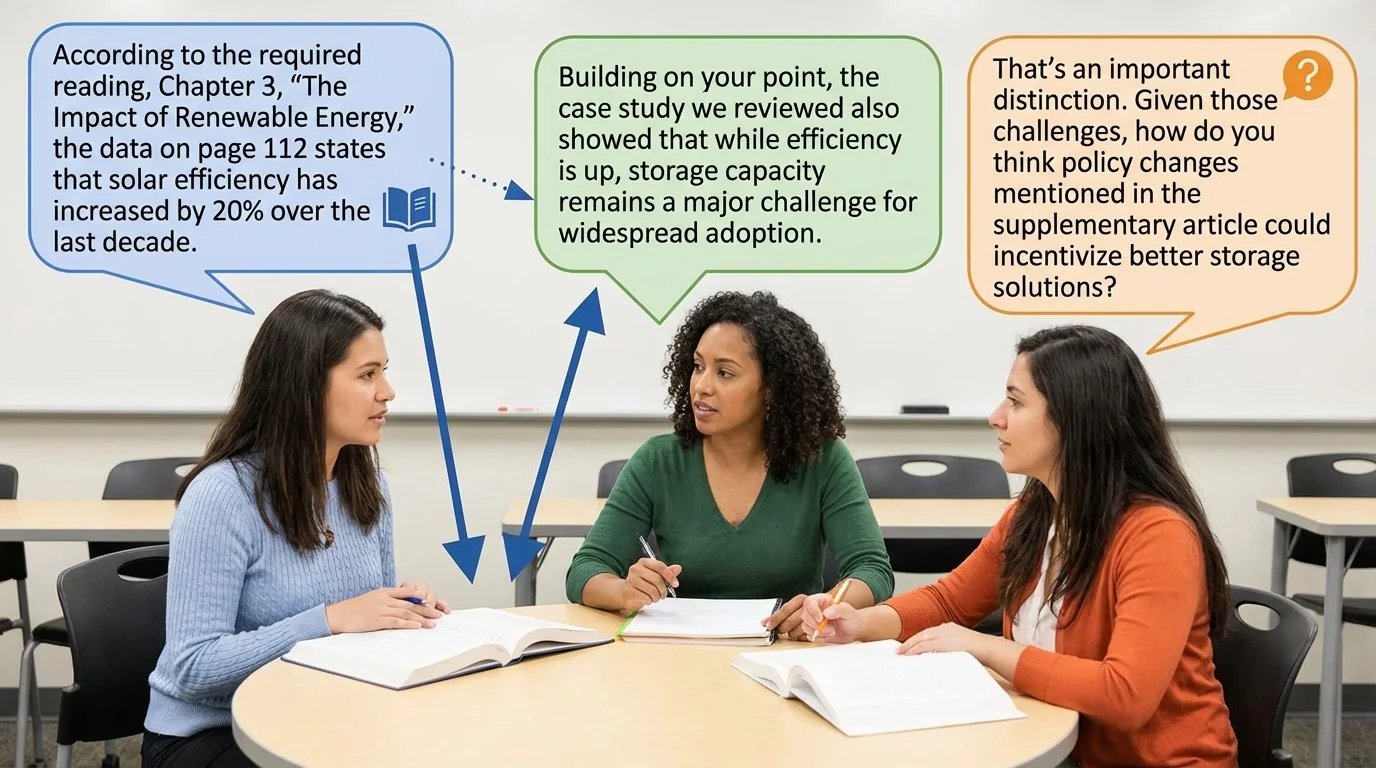 Small group discussion with speech bubbles showing citing the text, responding to a classmate, and asking a follow-up question