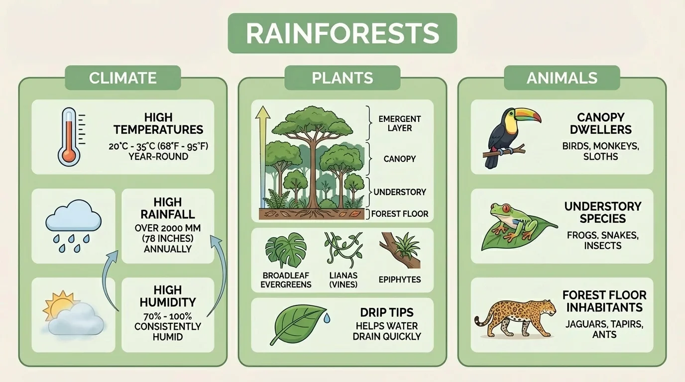 chart showing the main topic 'Rainforests' at the top with detail cards sorted into three paragraph groups labeled climate, plants, and animals