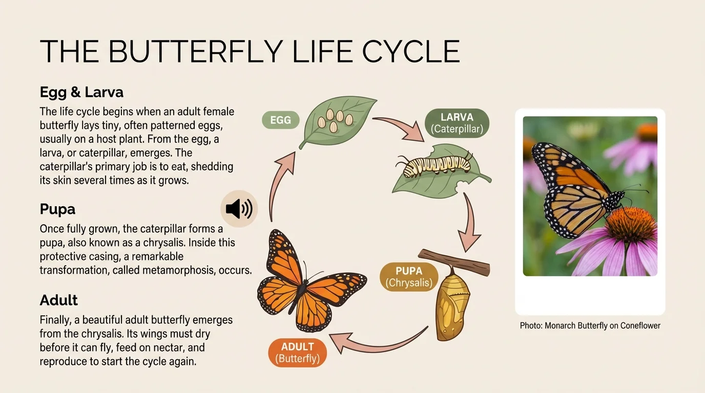 student report about the butterfly life cycle with matching text sections, a labeled life cycle diagram, a photo, and a small audio icon connected to the correct section