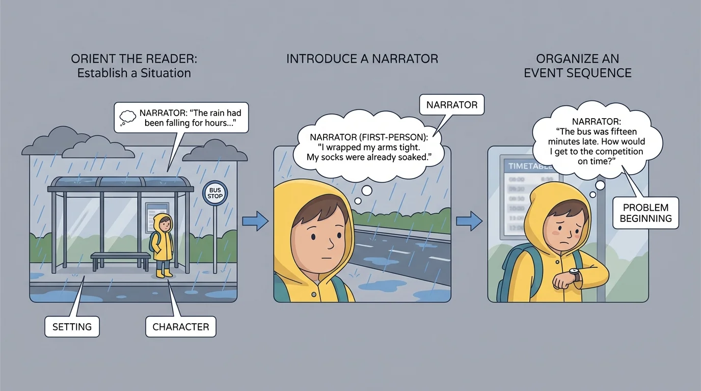 Child at a rainy bus stop with simple labels for setting, narrator, character, and problem beginning