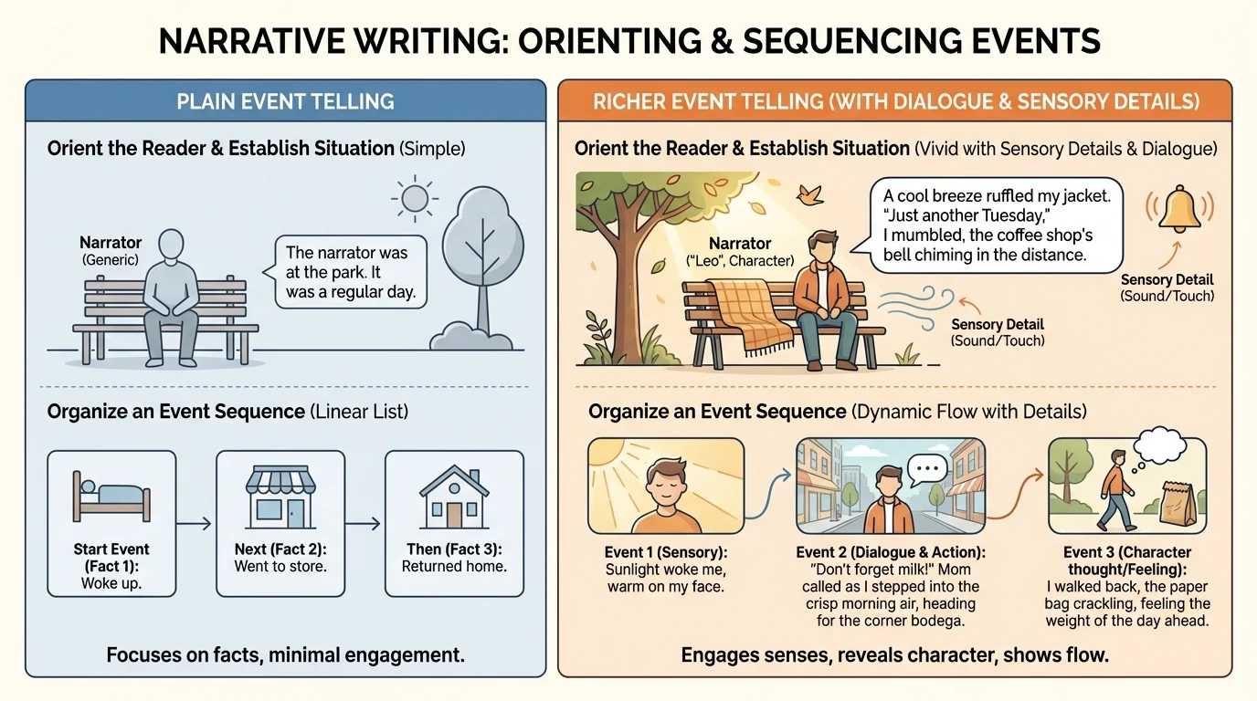 Side-by-side comparison of plain event telling and richer event telling with dialogue and sensory details