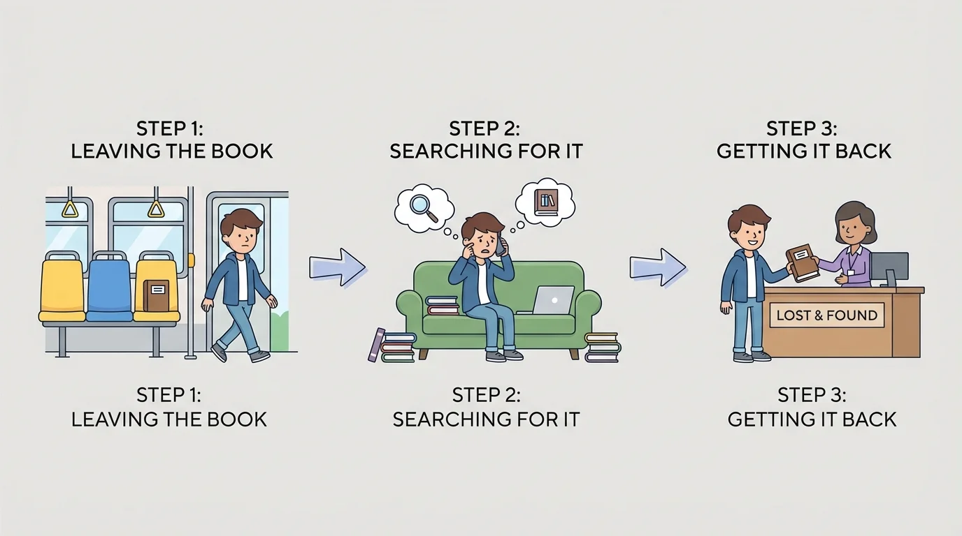 Lost library book story with arrows from leaving book on bus to searching for it to getting it back