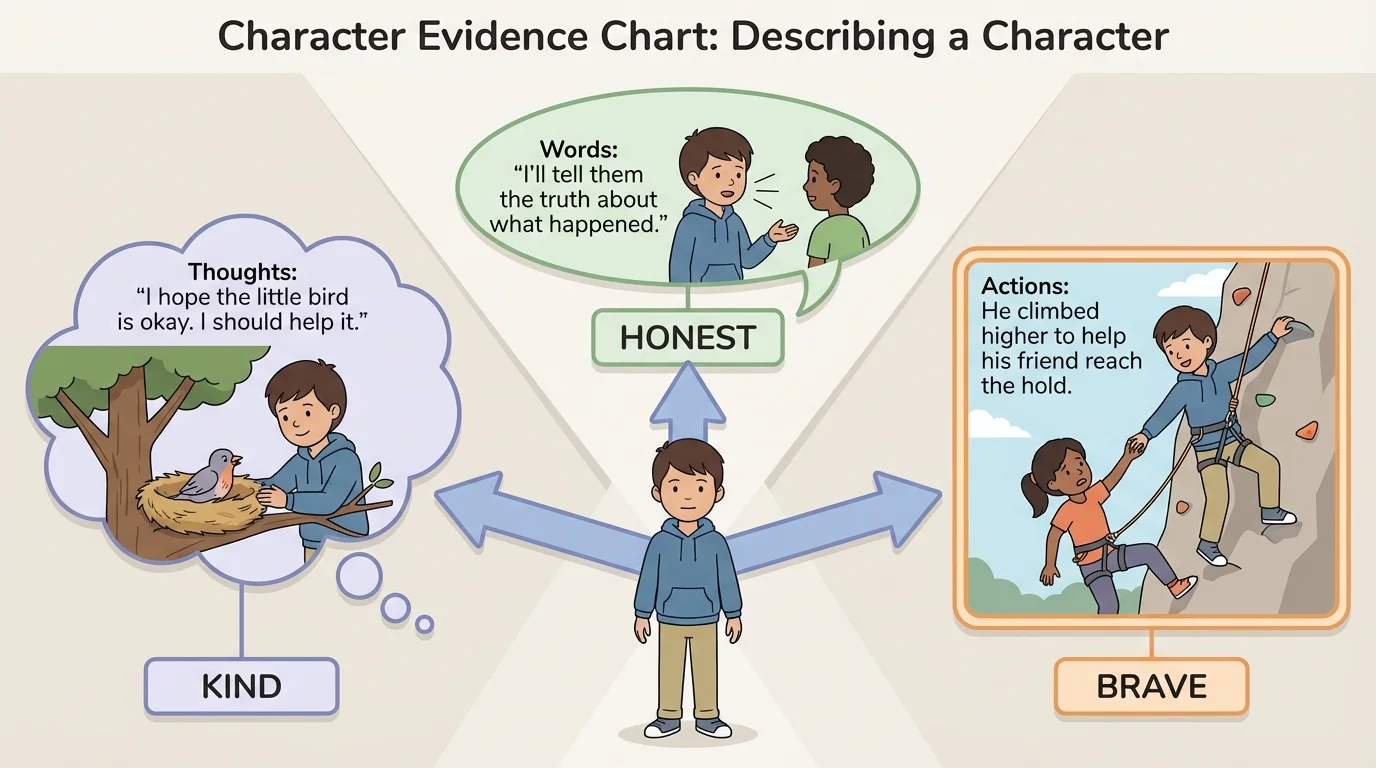 Character evidence chart with one child character in the center and arrows to a thought bubble, speech bubble, and action scene, each connected to labeled traits like brave, kind, and worried