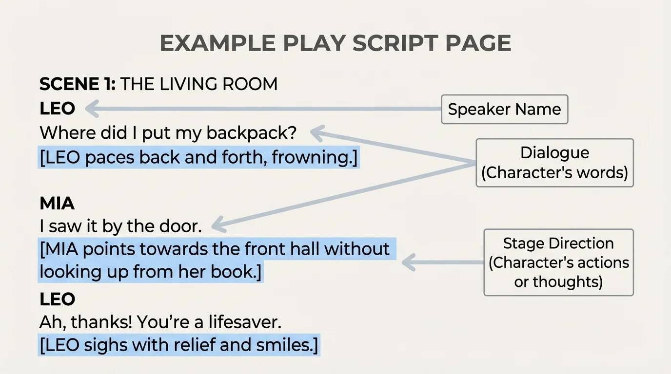 Simple play script page with speaker names, short dialogue lines, and bracketed stage directions highlighted in a different color