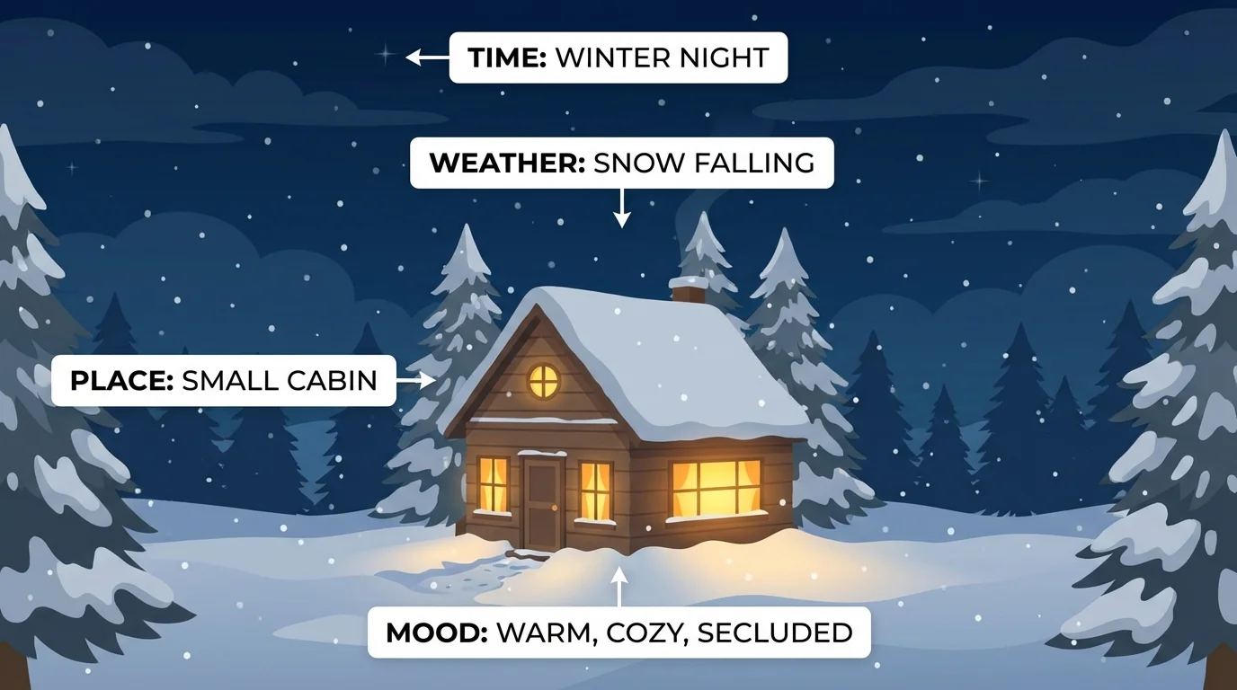 Story setting showing a small cabin in winter at night with snow falling, dark sky, warm window light, and simple labels for place, time, weather, and mood
