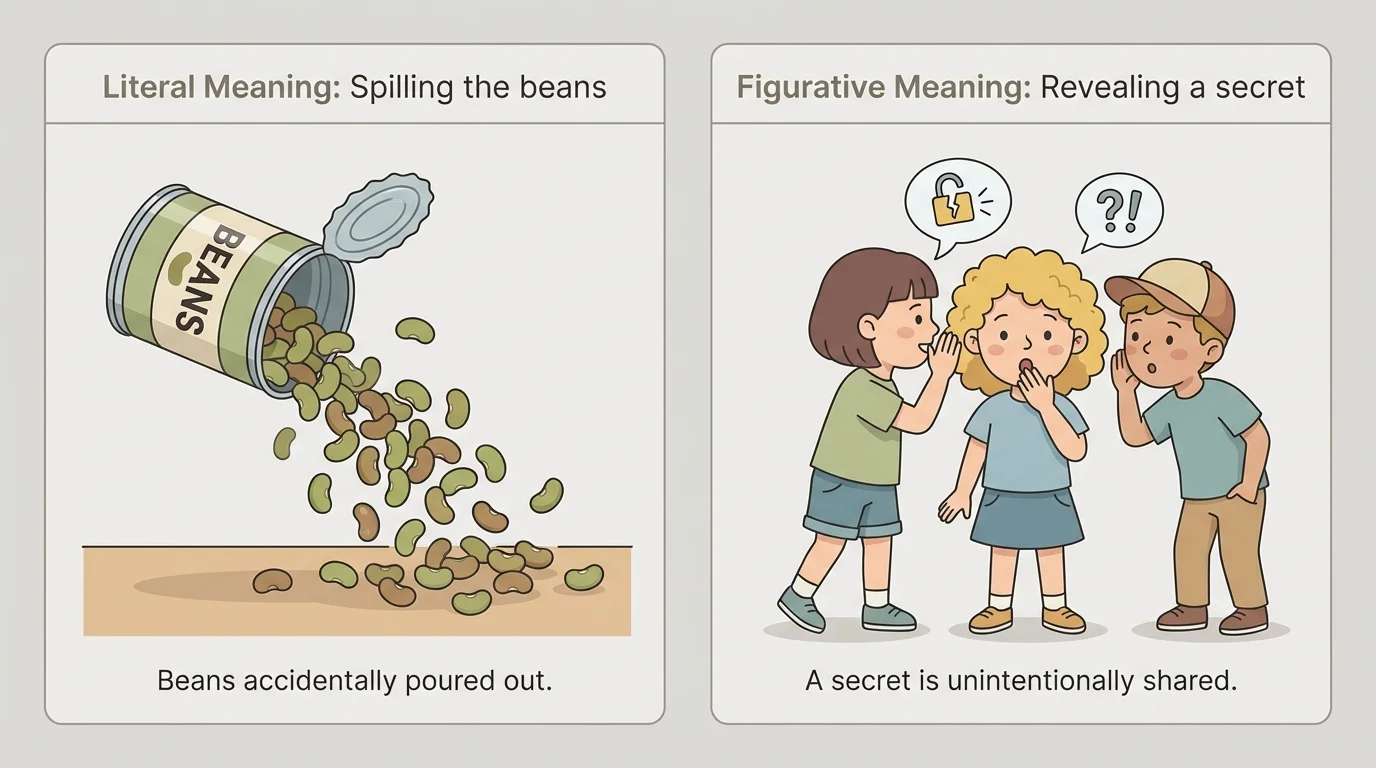 Two-panel illustration of the idiom 'spill the beans'—one panel shows beans falling from a can, the other shows a child revealing a secret to friends