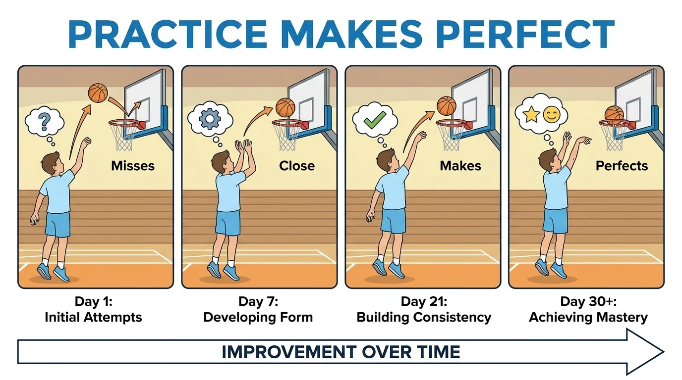 Illustration of a student practicing basketball over many days with the proverb 'Practice makes perfect' represented by steady improvement