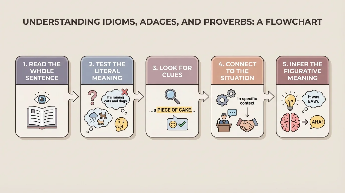 Flowchart showing steps: read the whole sentence, test the literal meaning, look for clues, connect to the situation, infer the figurative meaning