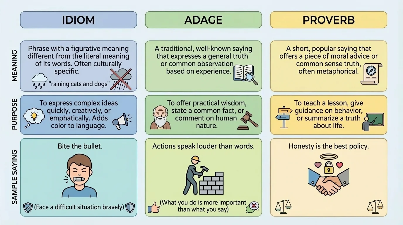 Simple comparison chart with three columns labeled idiom, adage, and proverb, showing meaning, purpose, and sample saying for each