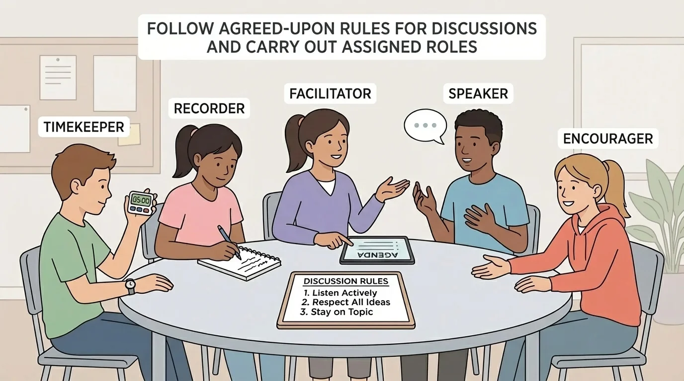 Small group of five students discussing with visible role labels facilitator, recorder writing notes, timekeeper holding timer, speaker sharing, and encourager inviting another student to talk