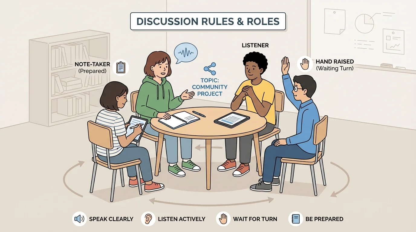 Four students in a circle discussion, one speaking while others listen, take turns, raise hands, and refer to notes on the shared topic