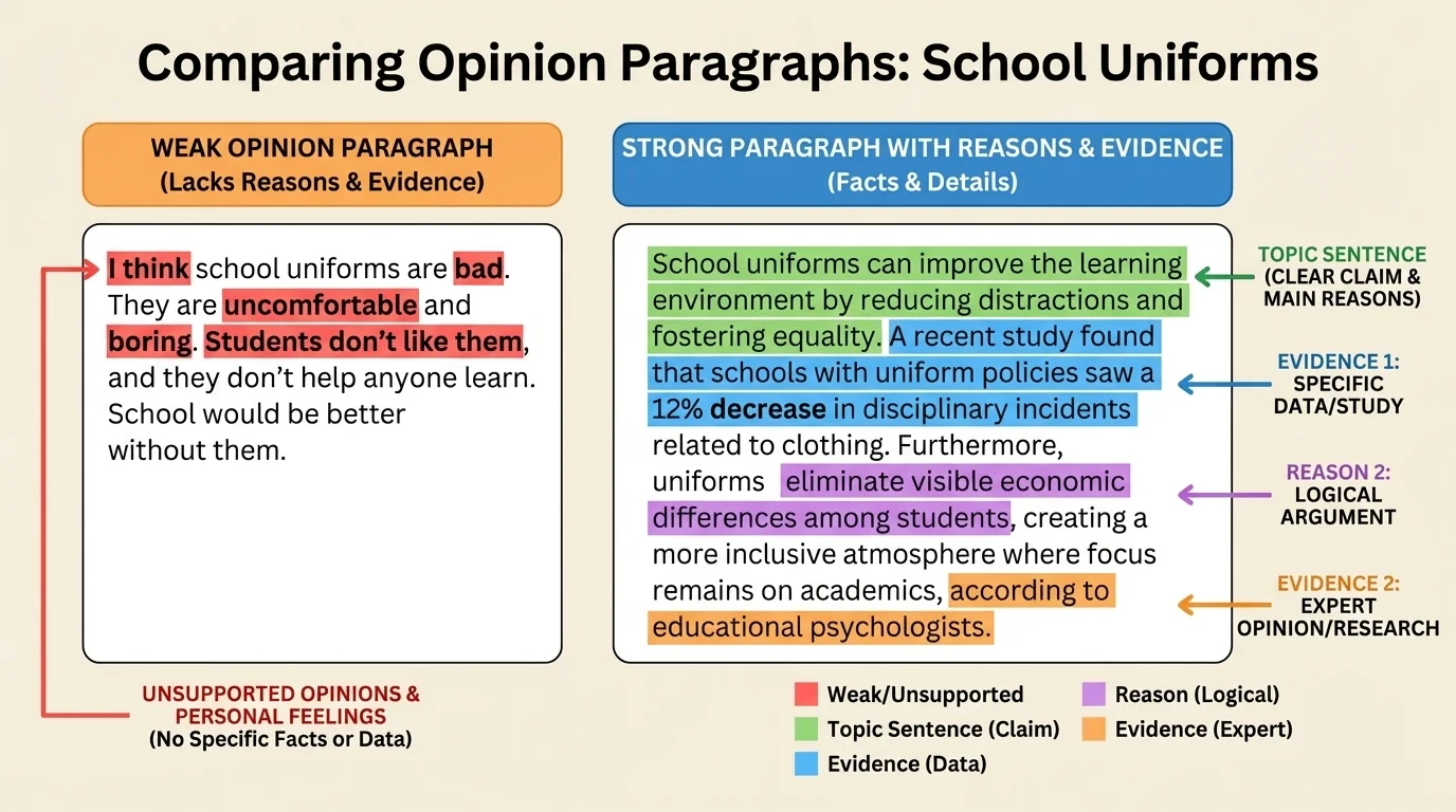 two-column chart comparing a weak opinion paragraph and a stronger paragraph about school uniforms with reasons and evidence highlighted