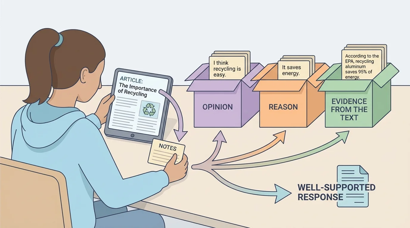 student reading an article and sorting notes into boxes labeled opinion, reason, and evidence from the text