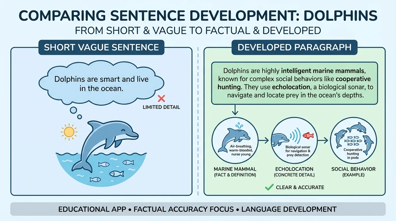 chart comparing a short vague sentence about dolphins with a developed paragraph using facts, definitions, and examples