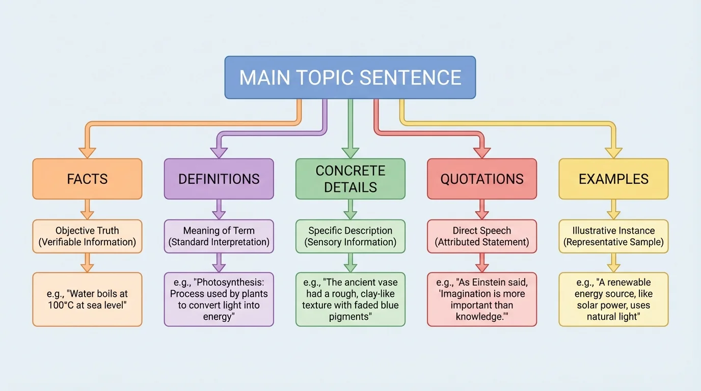 flowchart with a main topic sentence at the top and branches for facts, definitions, details, quotations, and examples