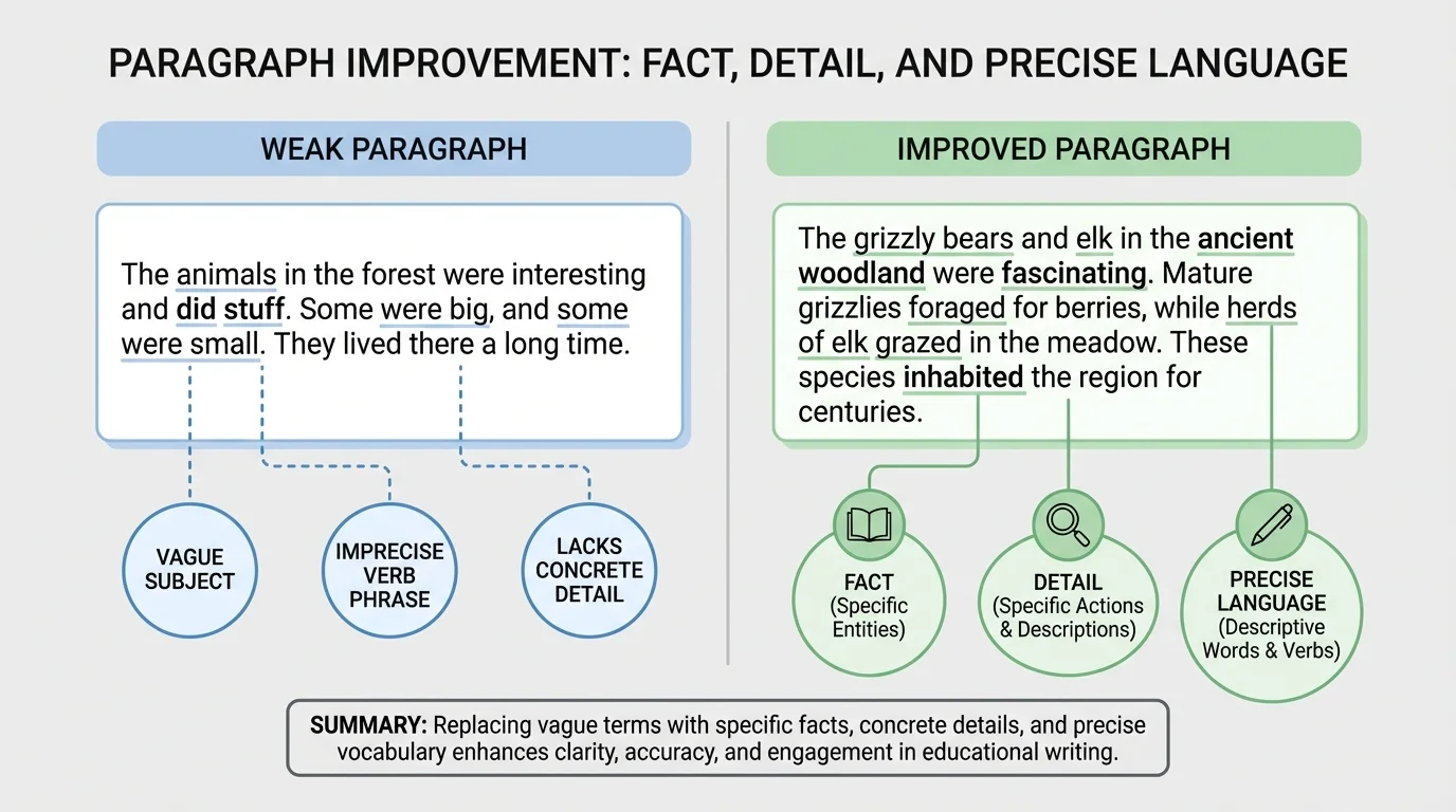 chart showing weak paragraph on one side and improved paragraph on the other with labels for fact, detail, and precise language