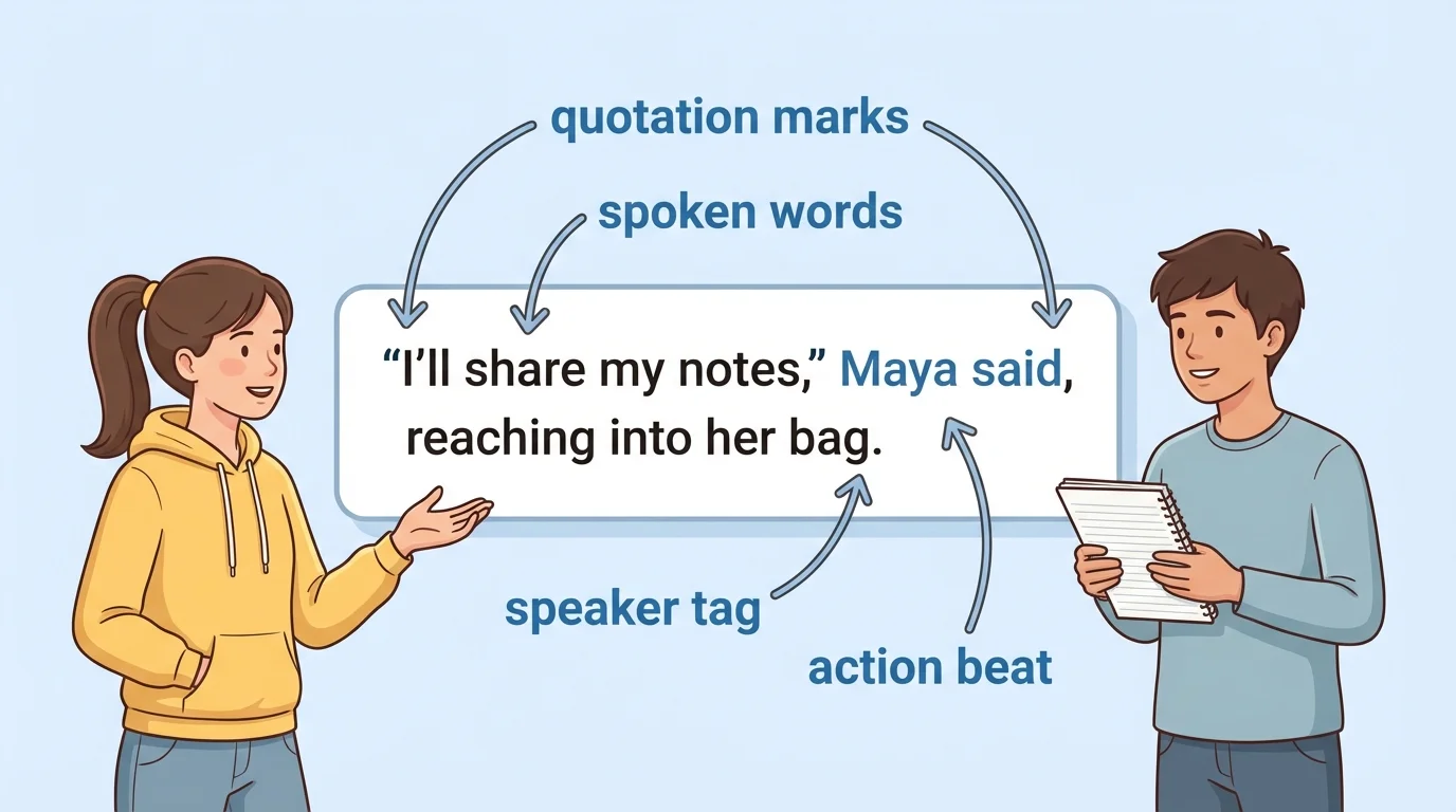 student conversation scene with one dialogue sentence labeled quotation marks, spoken words, speaker tag, and action beat