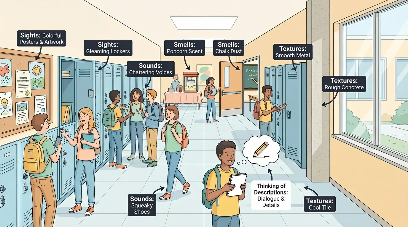 school hallway scene labeled with sights, sounds, smells, and textures students can describe