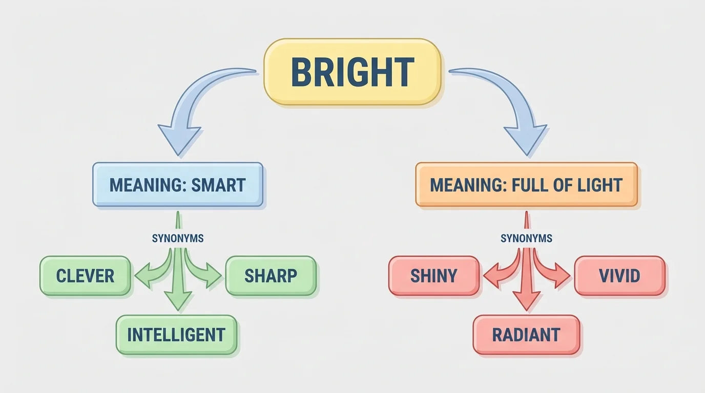 flowchart showing the word bright branching to meaning smart with synonyms clever, sharp and meaning full of light with synonyms shiny, vivid