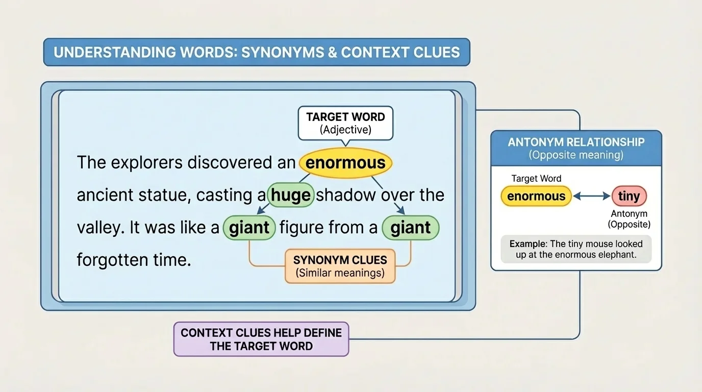 diagram of a short paragraph with the word enormous highlighted and nearby clue words such as huge and giant marked