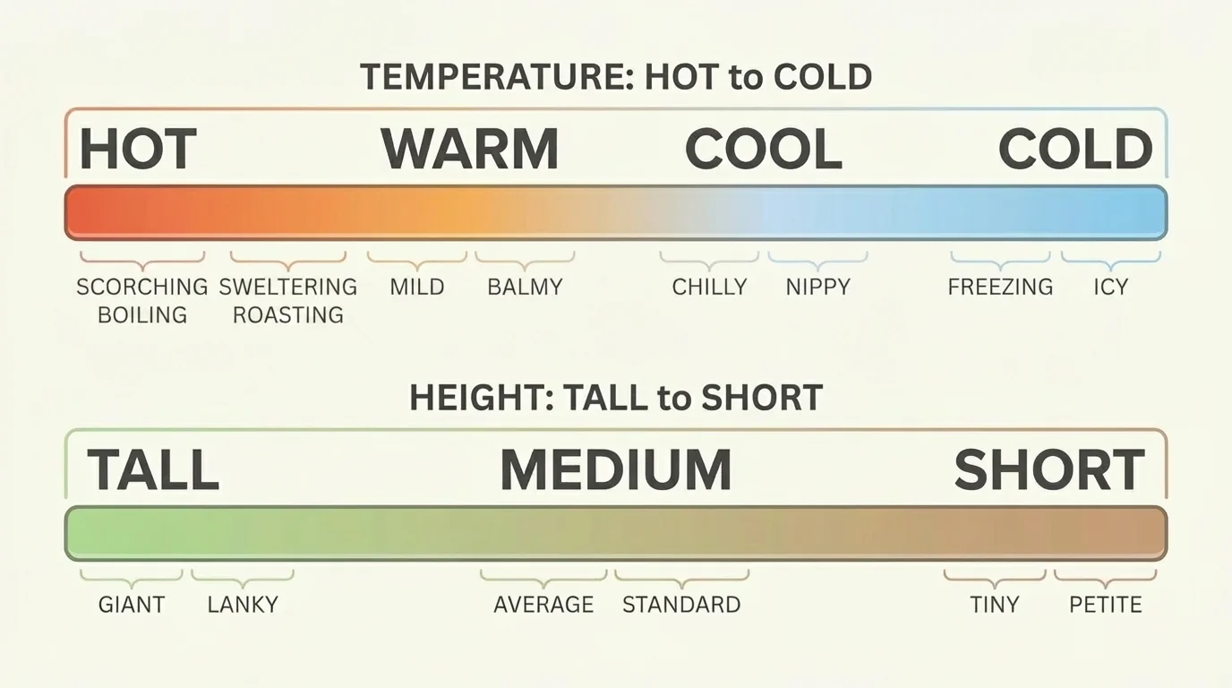 chart with labeled scales for hot to cold and tall to short, showing middle words like warm and cool