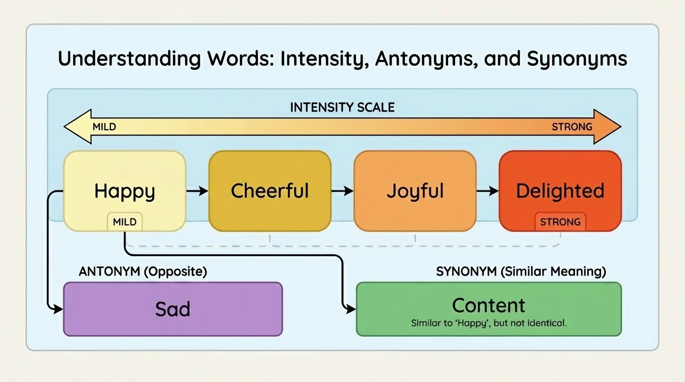 chart showing words like happy, cheerful, joyful, delighted arranged from mild to strong meaning