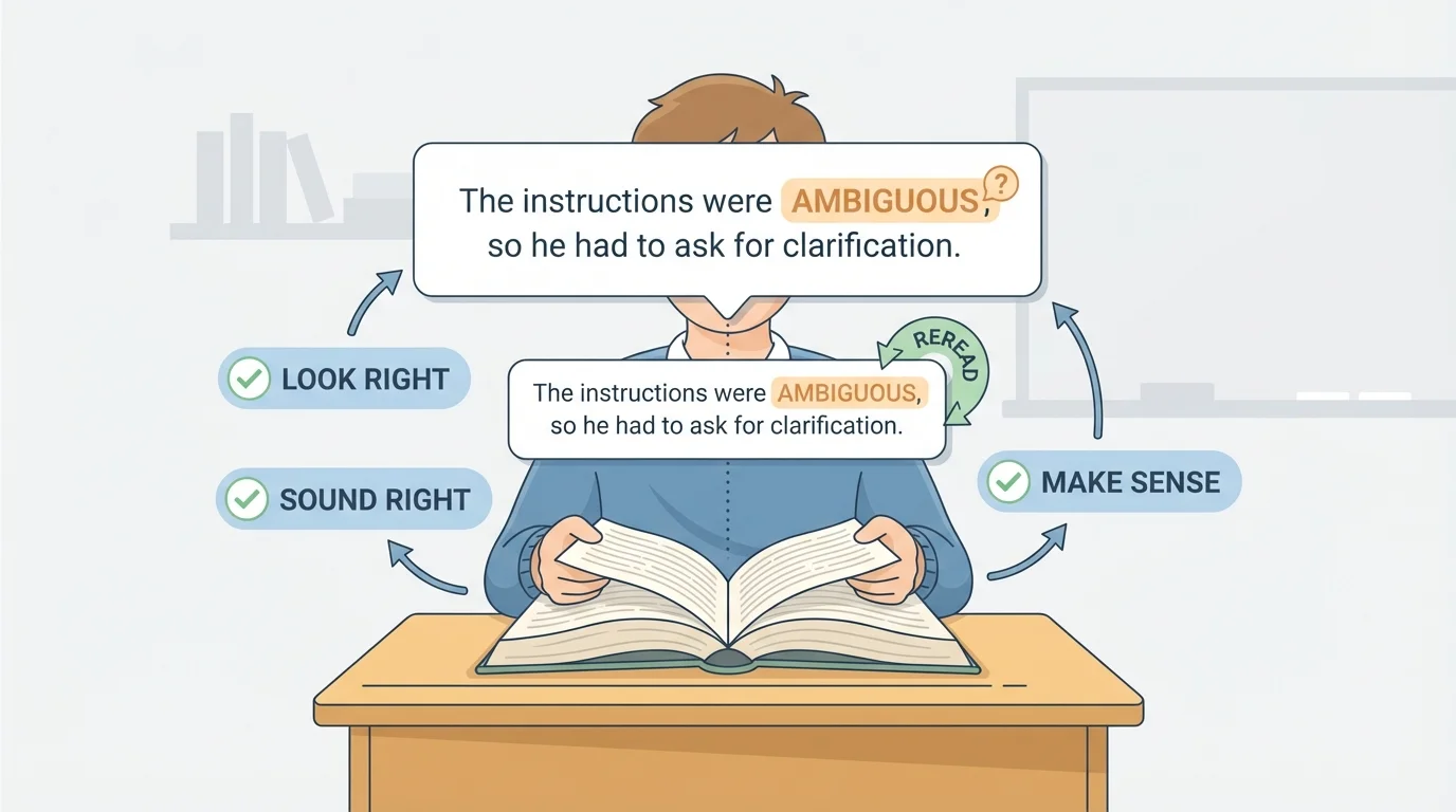 Student reading a book with an unfamiliar word in a sentence bubble and three nearby check labels reading look right, sound right, and make sense
