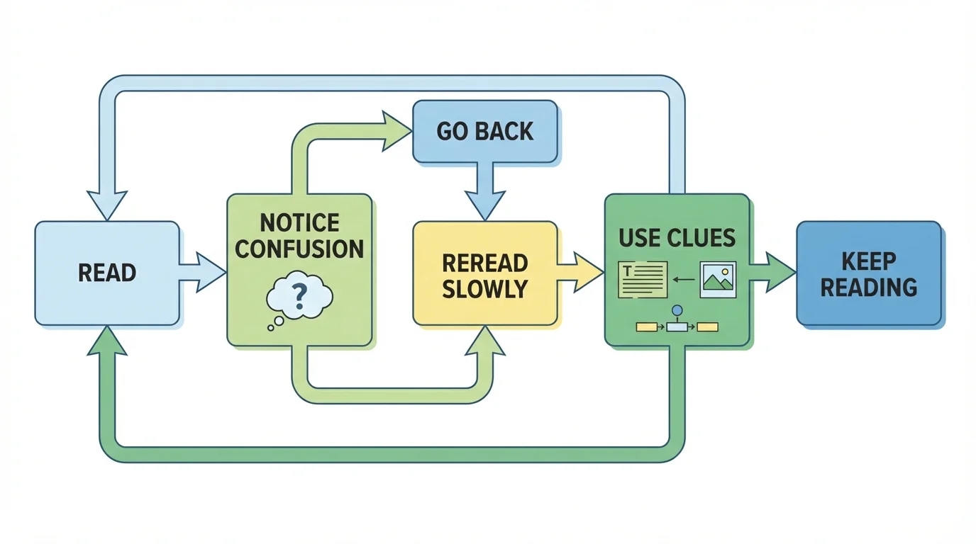 Reading repair process with boxes and arrows reading read, notice confusion, go back, reread slowly, use clues, keep reading