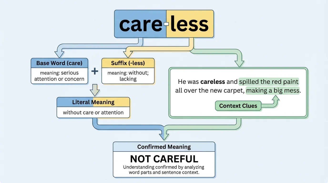 The word careless split into care and less, with arrows to a sentence about spilling paint and labels showing how the parts and context lead to the meaning not careful