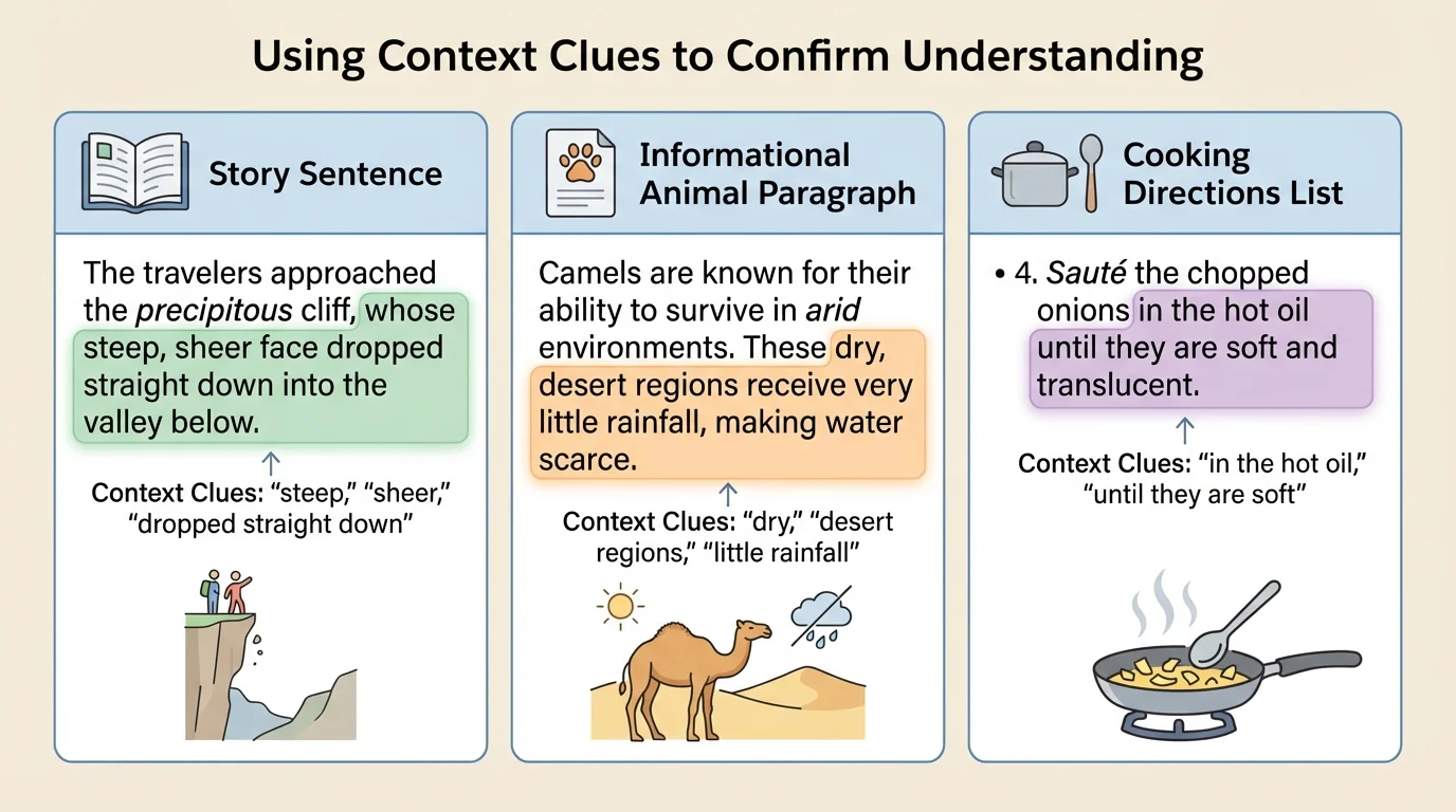 Three-panel comparison showing context clues in a story sentence, an informational animal paragraph, and a cooking directions list with clue words highlighted