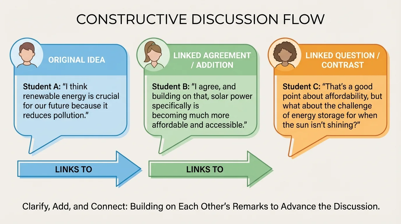 Flowchart of three student speech bubbles connected in sequence: original idea, linked agreement/addition, linked question or contrast