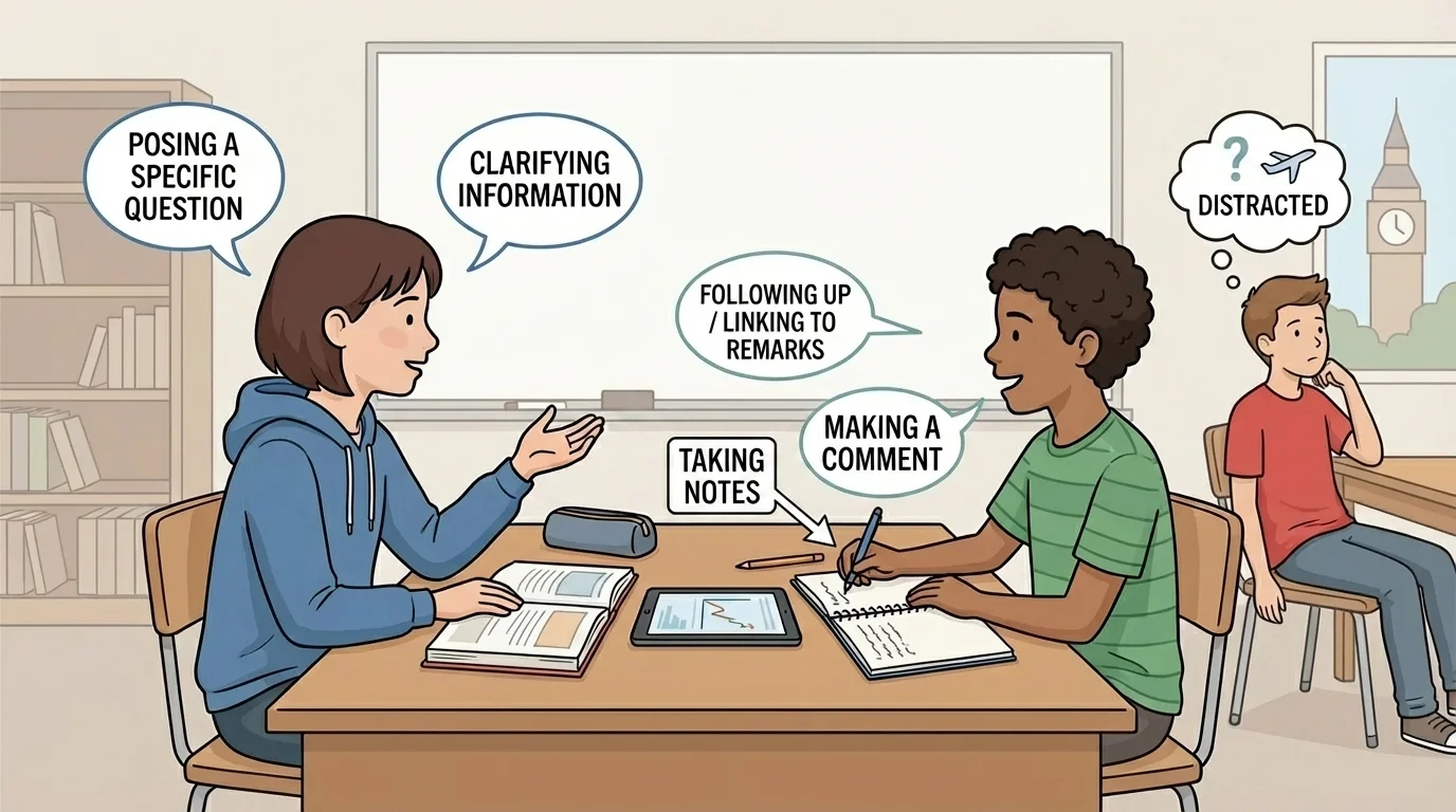 Classroom discussion scene with one student speaking, another facing speaker, making eye contact, taking notes, and waiting to speak while a distracted student looks away