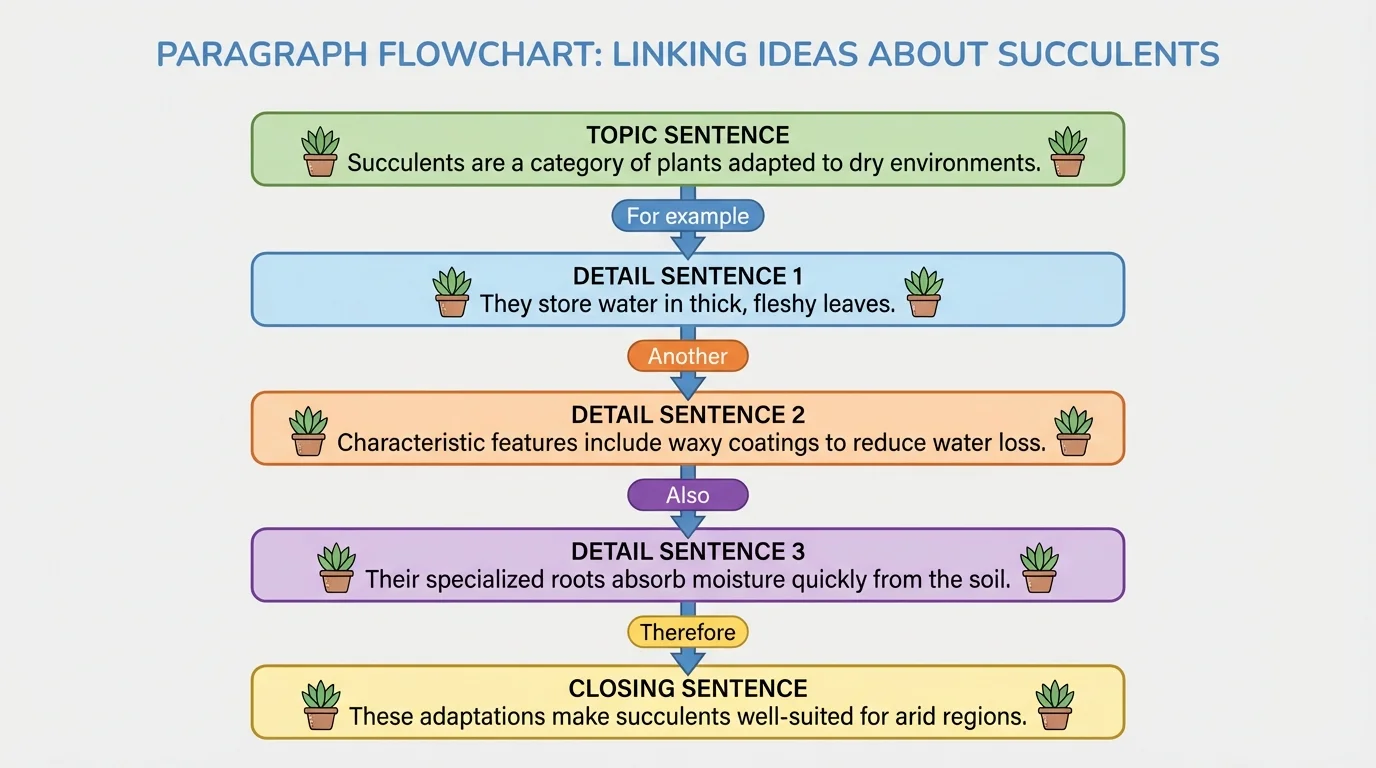 Flowchart of a paragraph about a plant category, showing topic sentence, connected detail sentences, and closing sentence