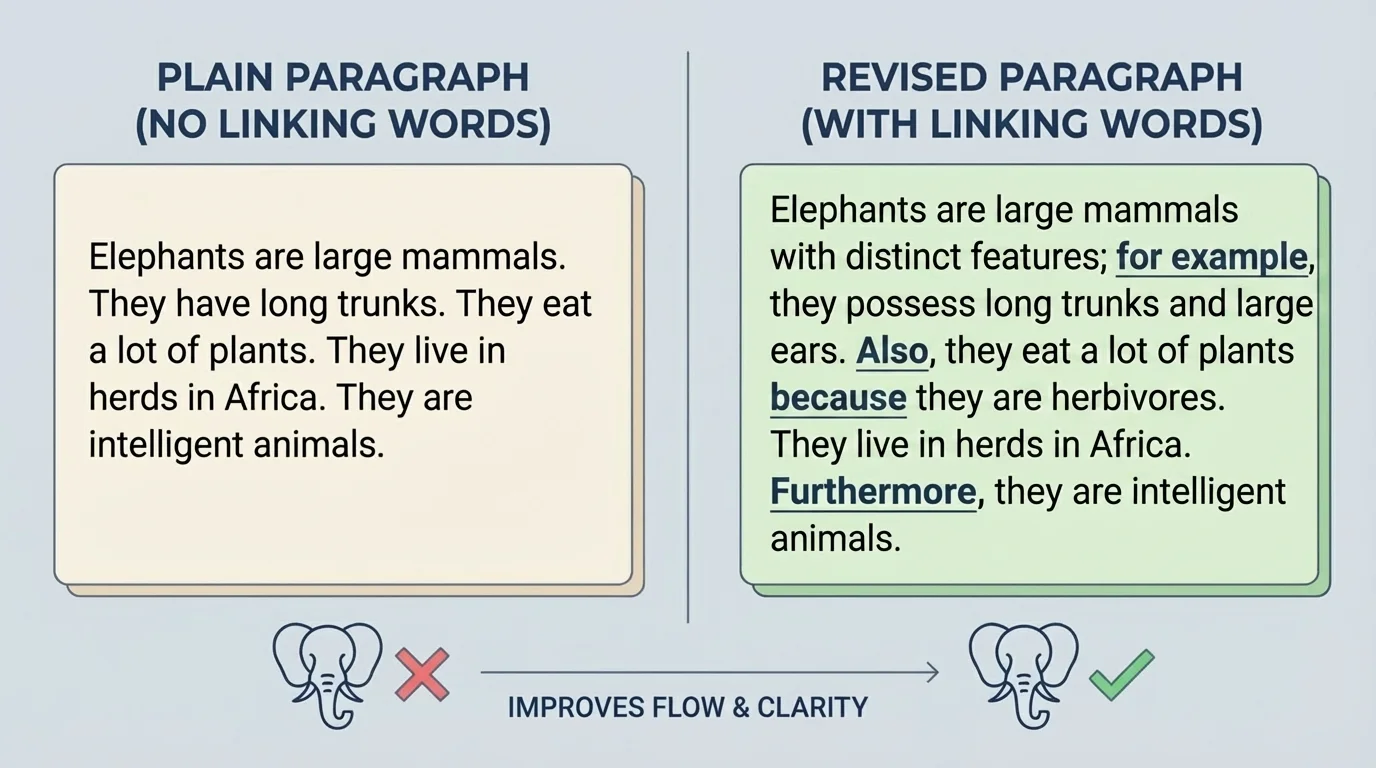 Chart comparing a plain animal paragraph with a revised paragraph using also, for example, and because