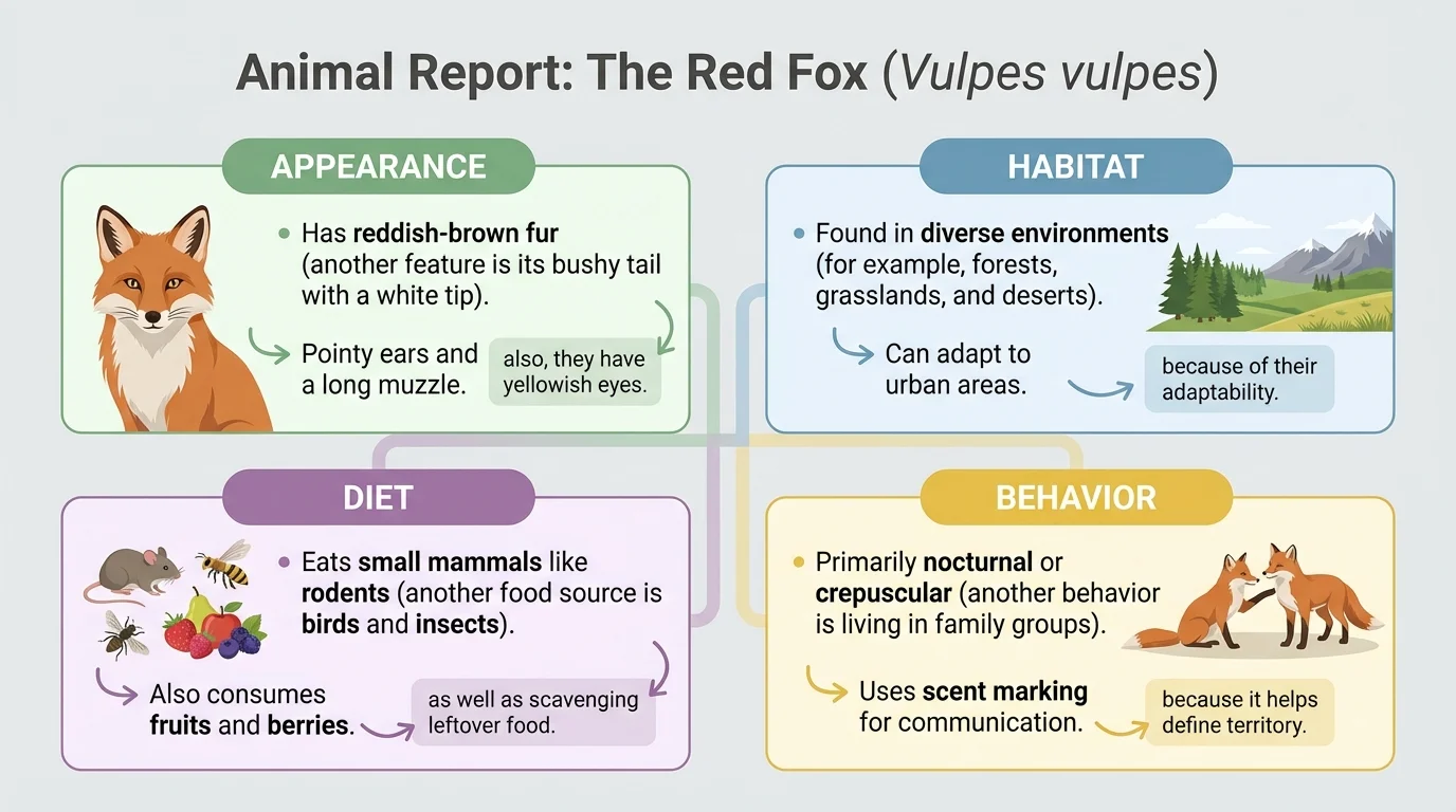 Chart showing an animal report topic with categories appearance, habitat, diet, and behavior, each with sample details
